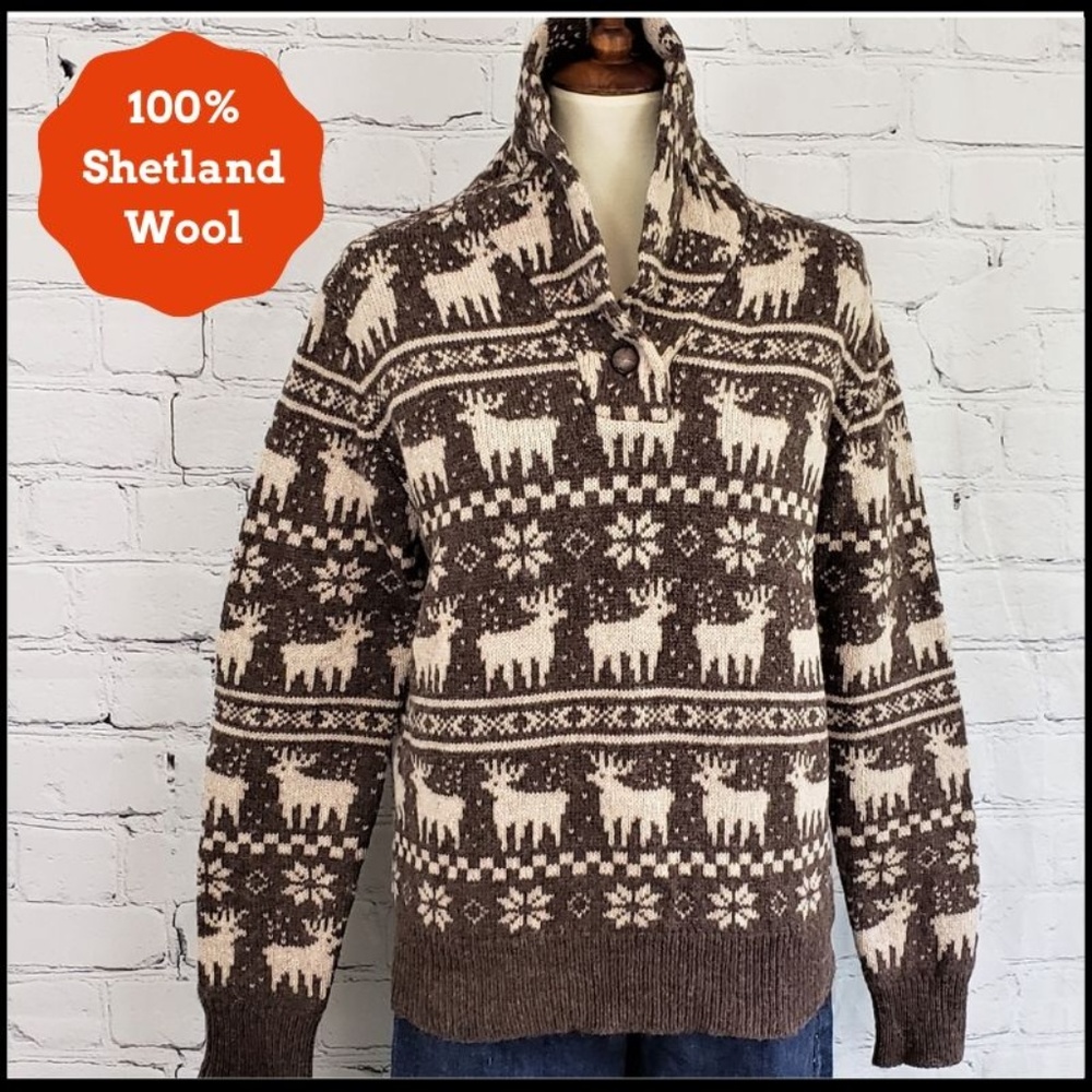JADE 100% SHETLAND WOOL Reindeer Sweater, L - Picture 5 of 5